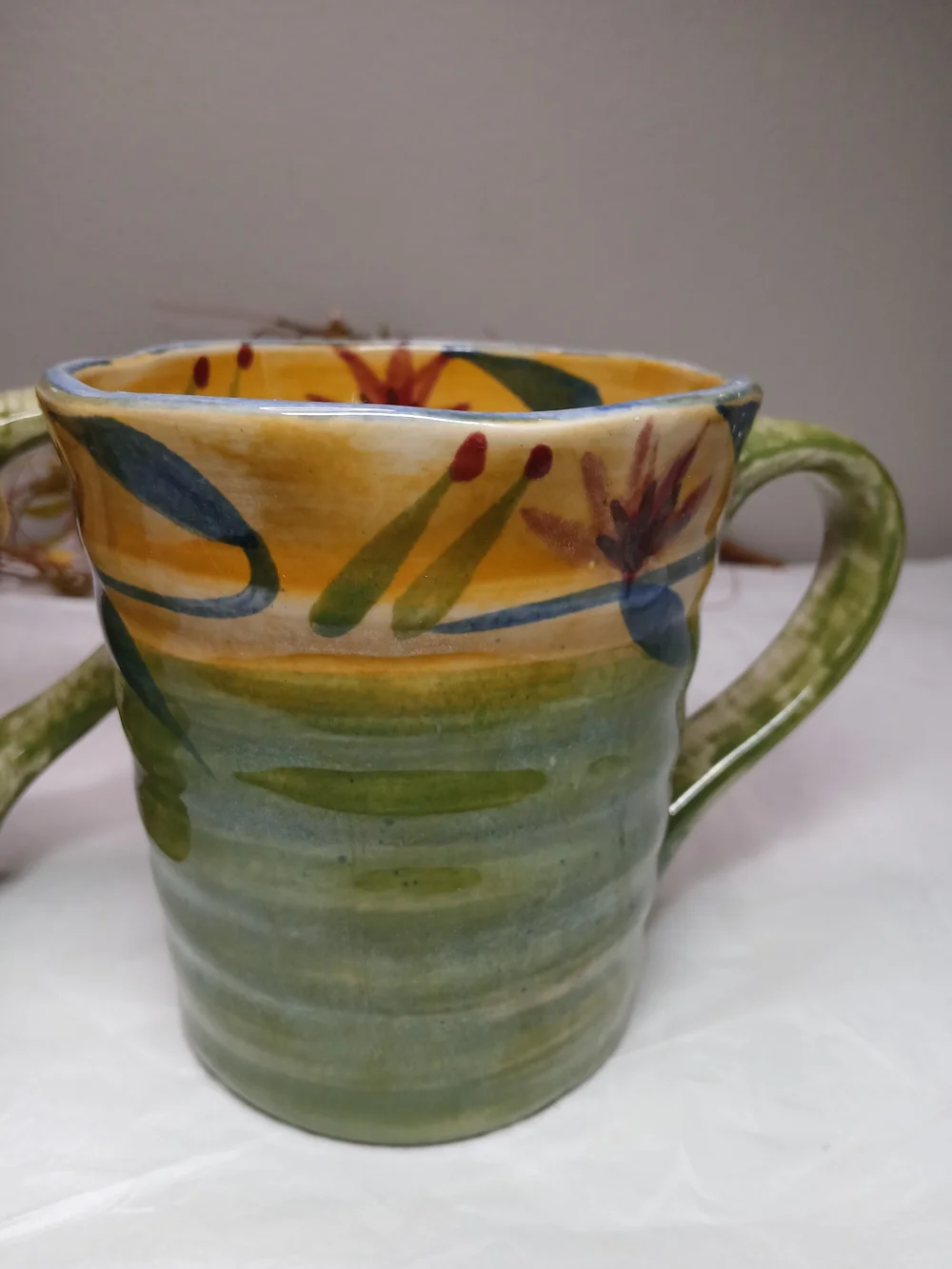 2 Pier 1 Hand-Painted Ceramic Mugs in Yellow, Green and Blue Elizabeth Style